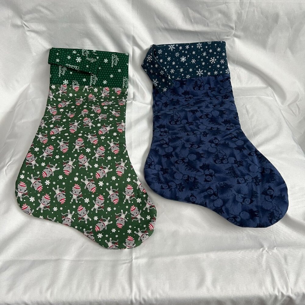 Handmade Christmas Stockings Set Of 2 Blue & Green With Snowman & Cat Prints Sof